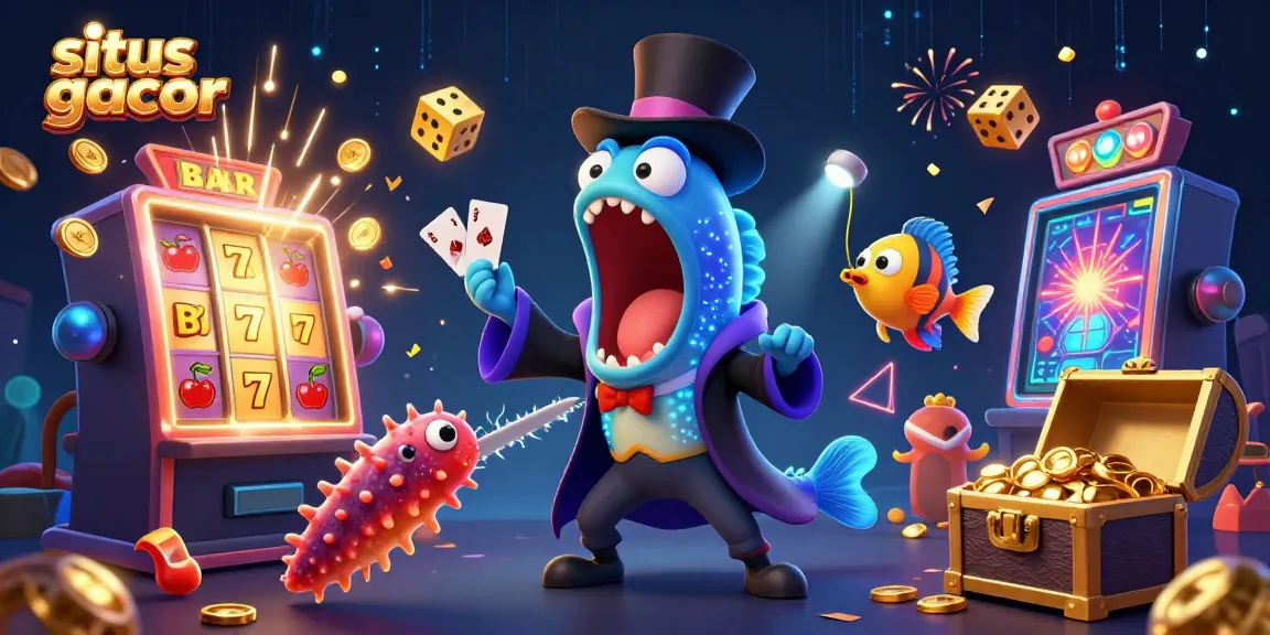 Ilustrasi 3D kartun mendetail menampilkan gulper eel bertopeng pesulap, simbol situs gacor, dan jackpot slot.