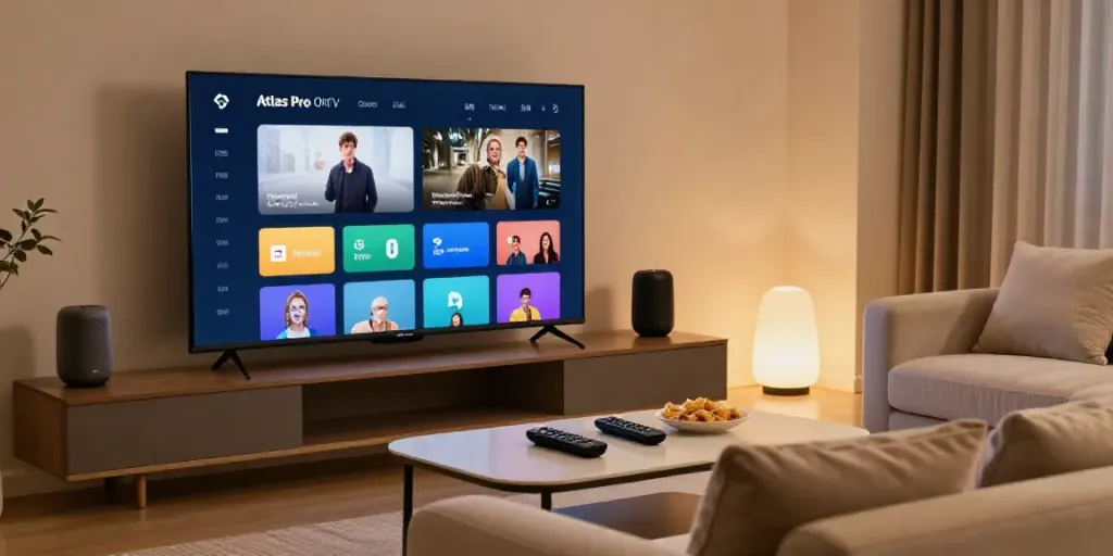 L'application atlas pro ontv sur un téléviseur moderne dans un salon confortable.