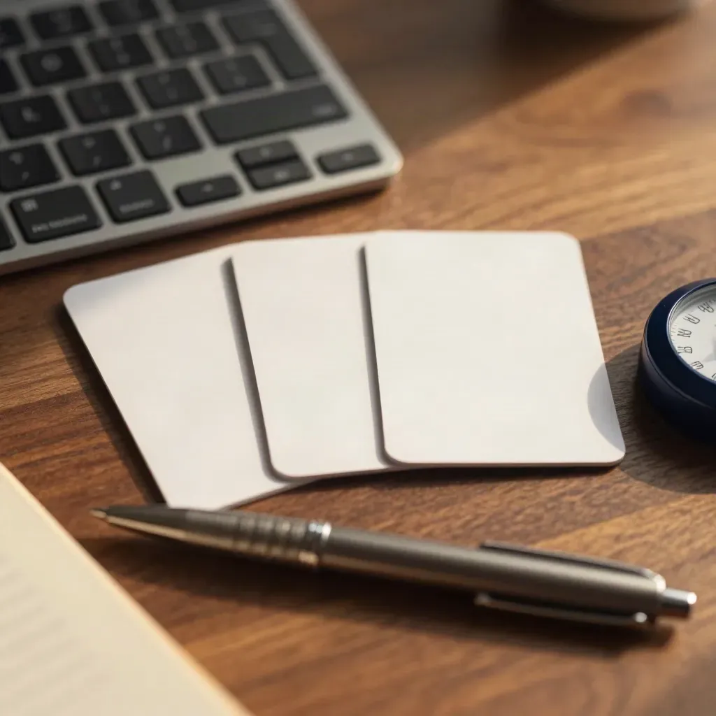 Cartes d’usage, clavier compact, stylo technique et minuteur sur bois, lumière chaude en gros plan.