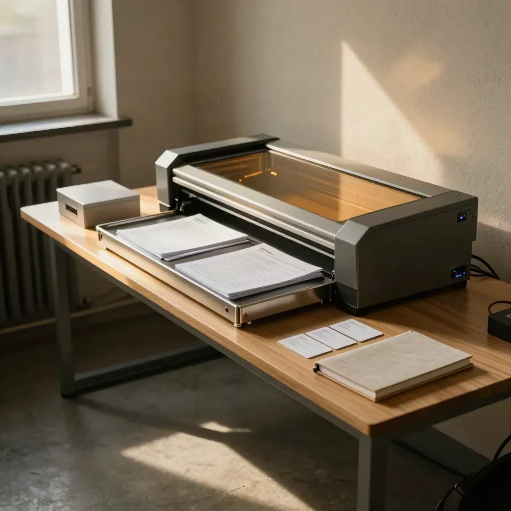 Coin d’audit IA avec scanner, bac de tri, boîtier réseau, carnet fermé et cartes vierges.