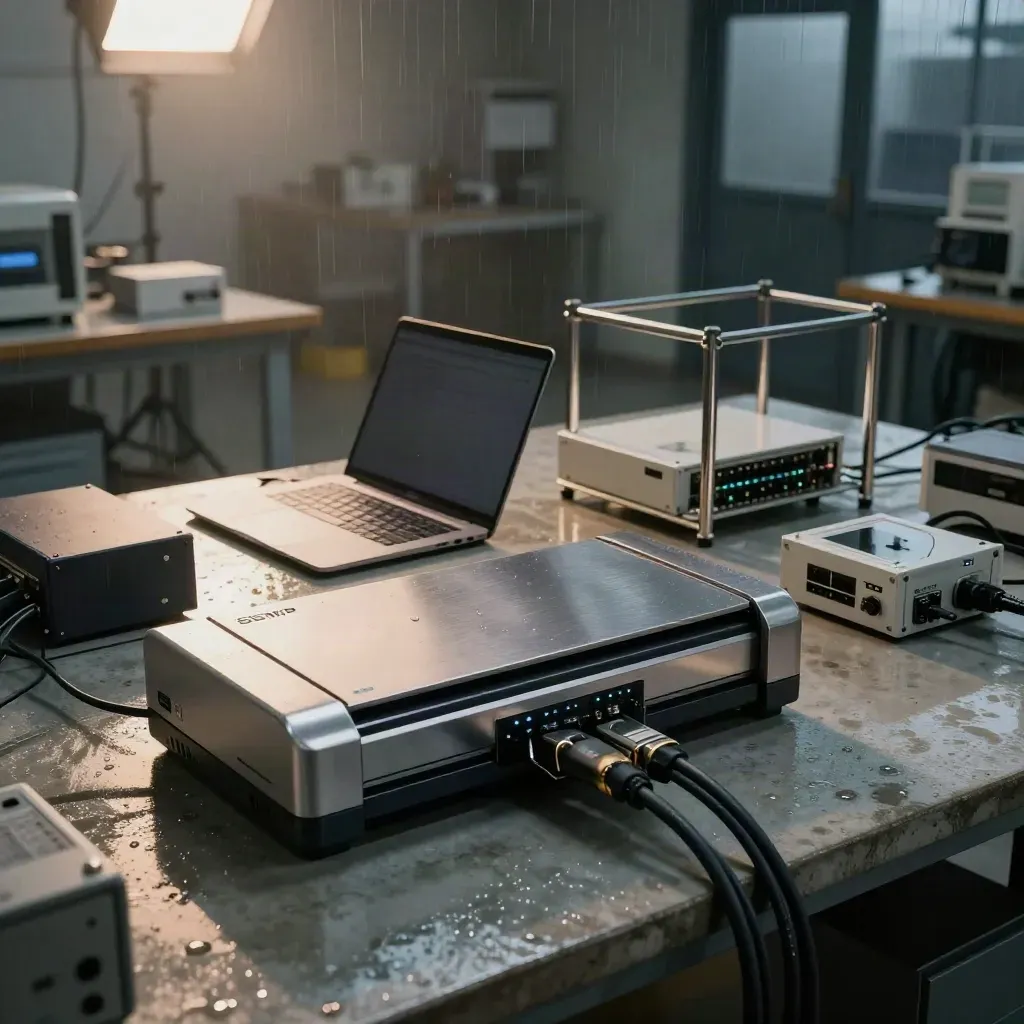 Atelier d’automatisation avec scanner, laptop fermé et boîtier réseau sous une lumière humide.