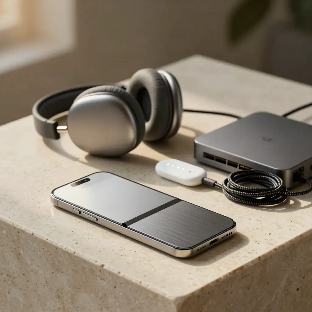 Coin support web avec casque, socle téléphone et voyant blanc sur travertin.