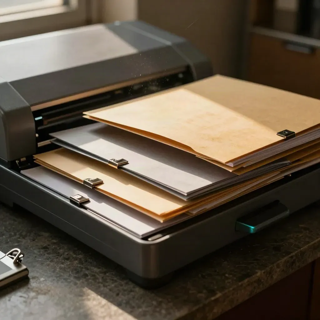 Scanner à plat, dossiers triés et bac d’archive sur une surface de pierre sombre