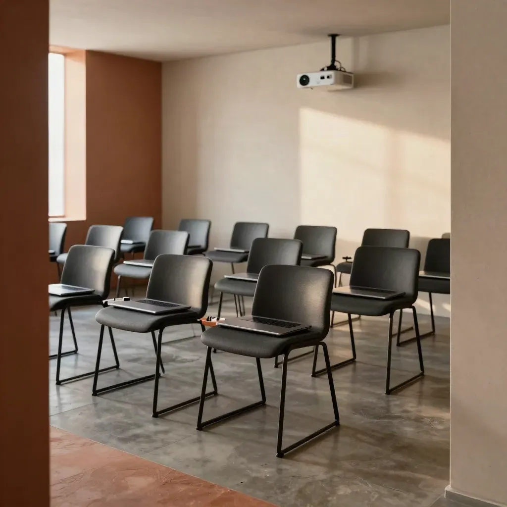 Salle d’atelier IA prête, chaises alignées, laptops fermés et projecteur éteint.
