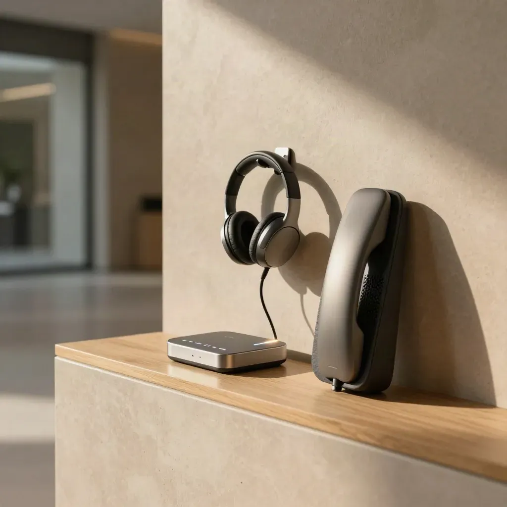 Coin d’accueil autonome avec téléphone, casque fermé et voyant lumineux dans un hall calme.