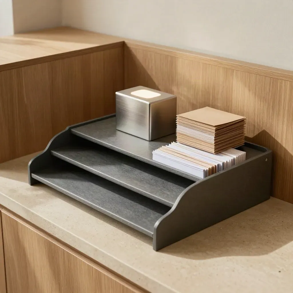 Station de courrier interne avec bacs gris ardoise, boîtier lumineux et pile triée sur comptoir beige.