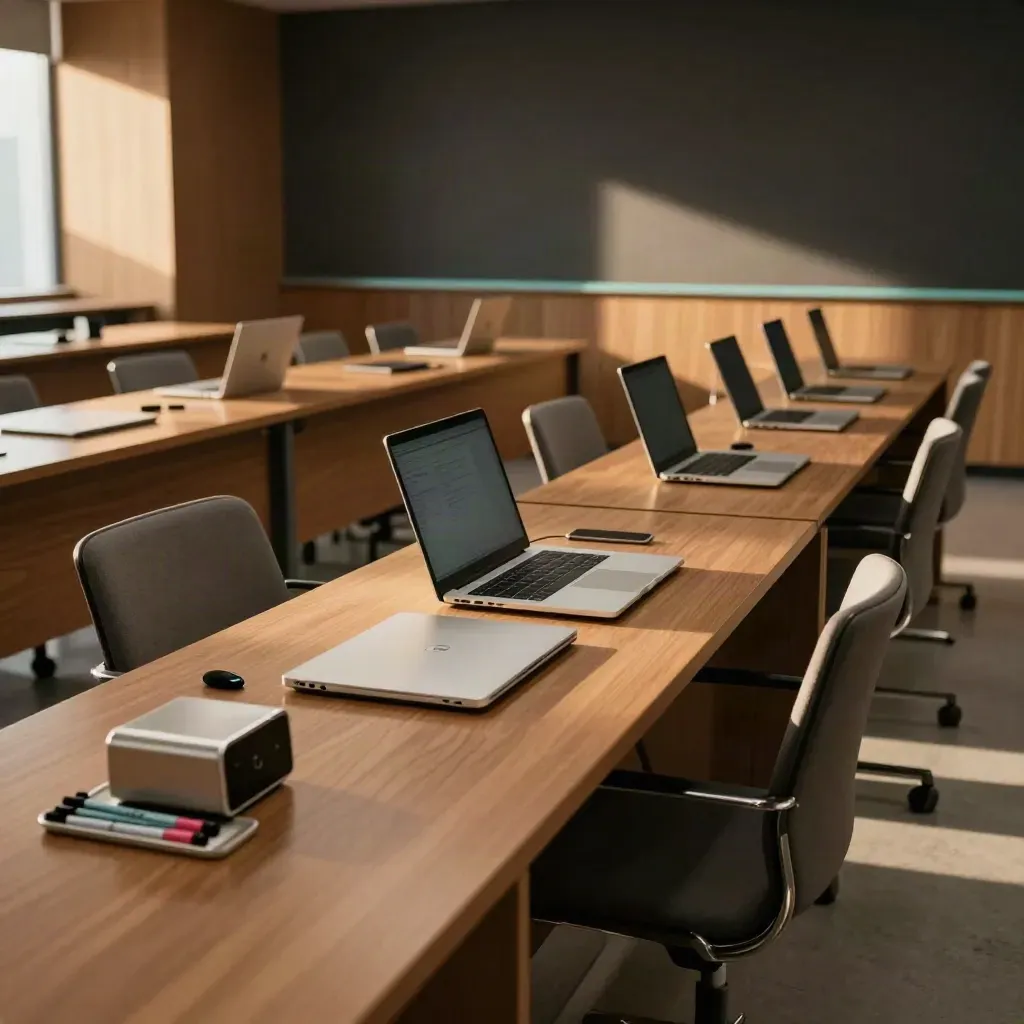 Salle de formation vide avec laptops fermés, clicker, minuteur et chaises alignées, lumière dramatique.
