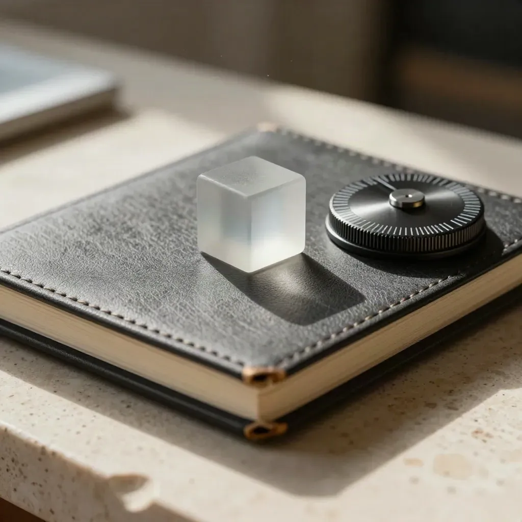 Carnet de stratégie, cube de verre dépoli et cadran de process sur travertin.