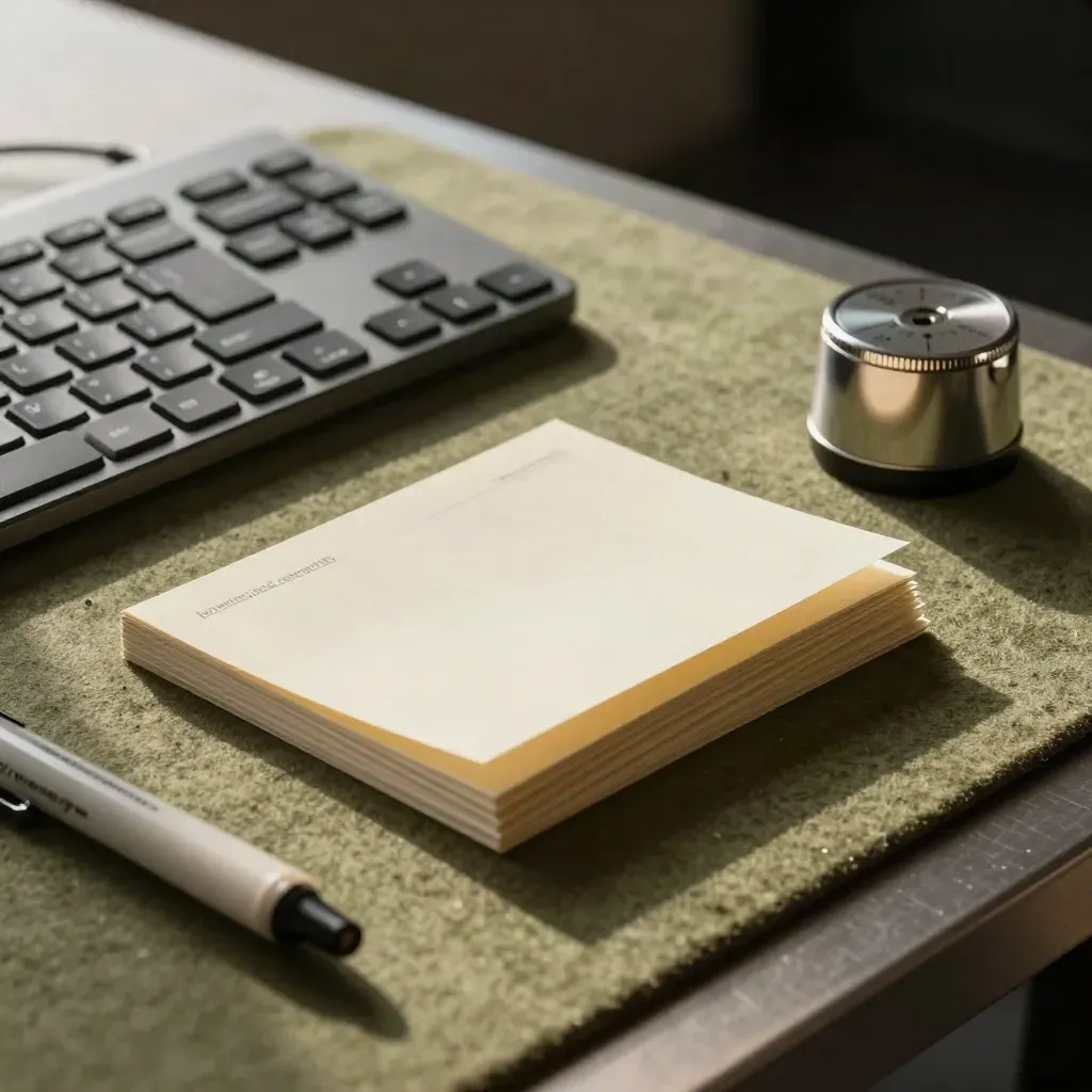 Gros plan d’un clavier compact, cartes crème, marqueur fin et petit timer chromé sur feutre kaki.