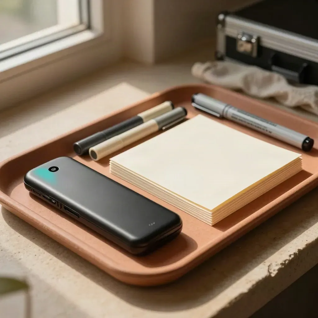 Kit de formation IA vu de dessus avec télécommande, marqueurs et cartes vierges sur plateau clair.