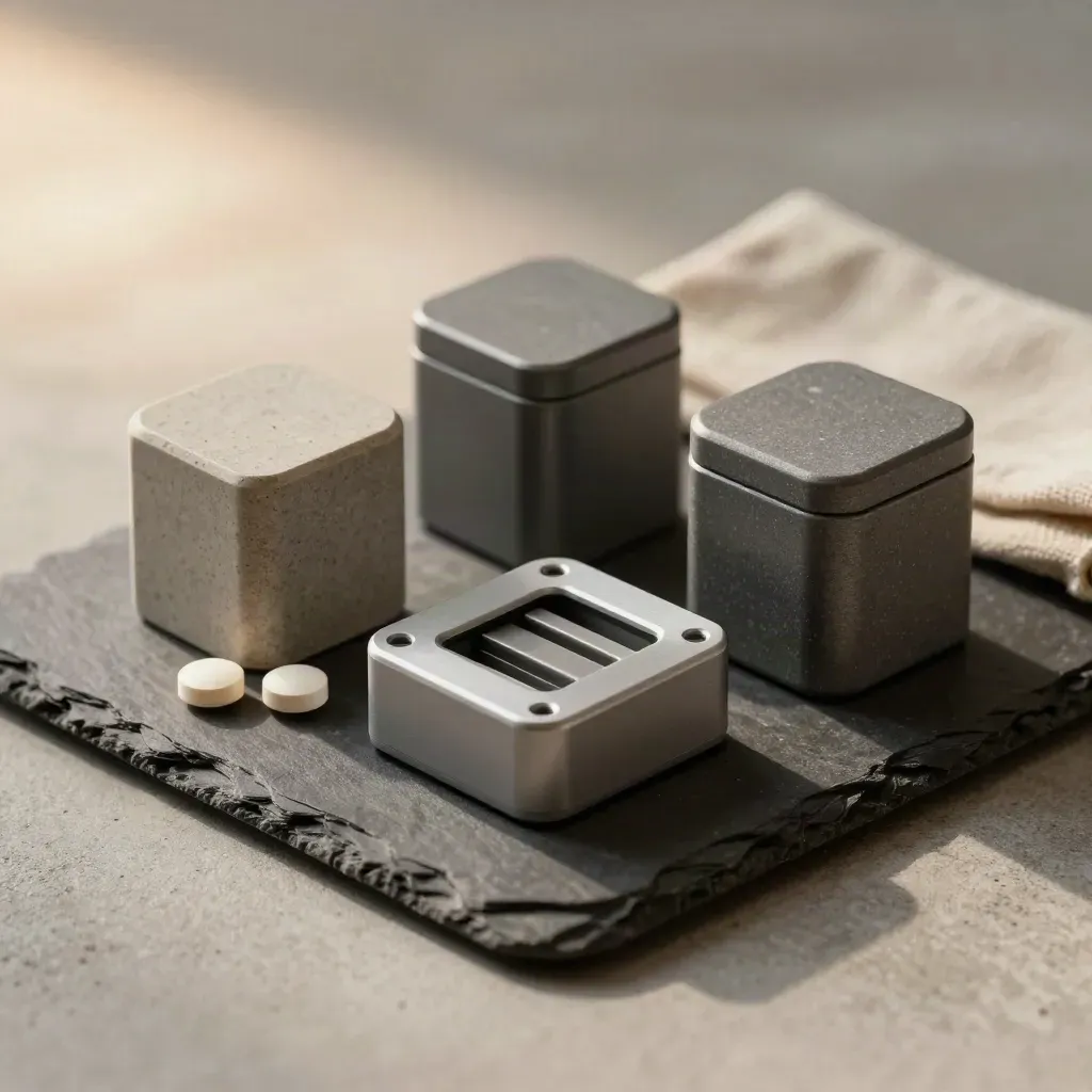 Quatre bacs miniatures, deux pastilles et un module de tri sur une pierre mate, lumière douce.
