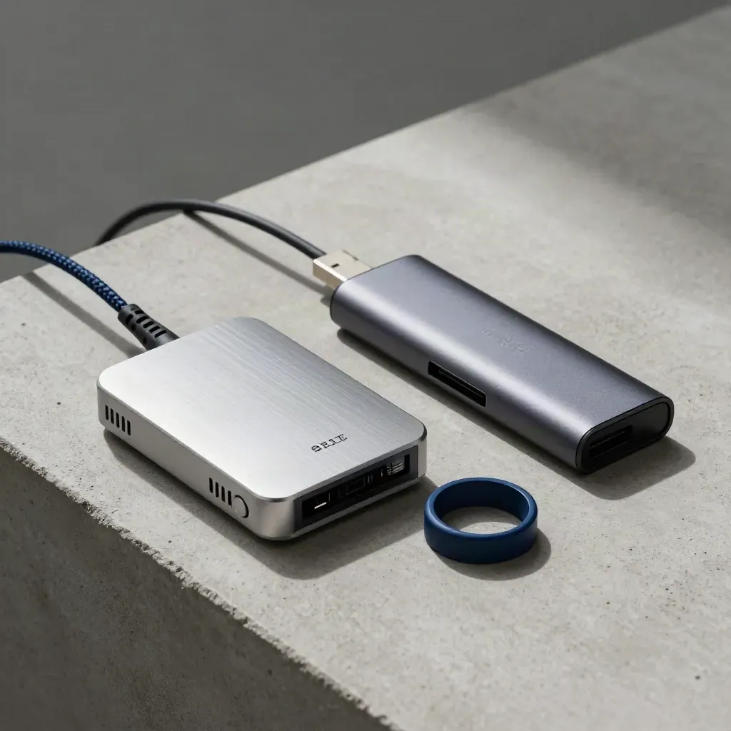 Routeur, hub USB, scanner de poche et bloc de calibration sur béton clair.