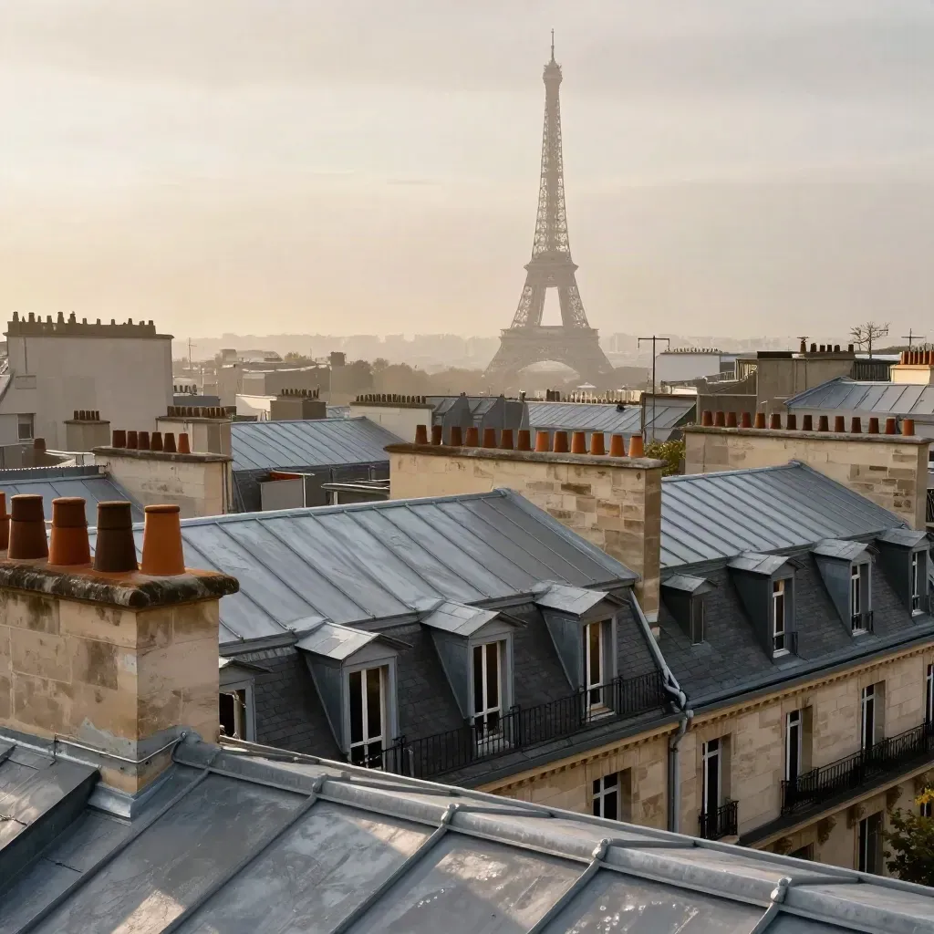 Toits de Paris au soleil doré, tour Eiffel lointaine dans la brume après la pluie