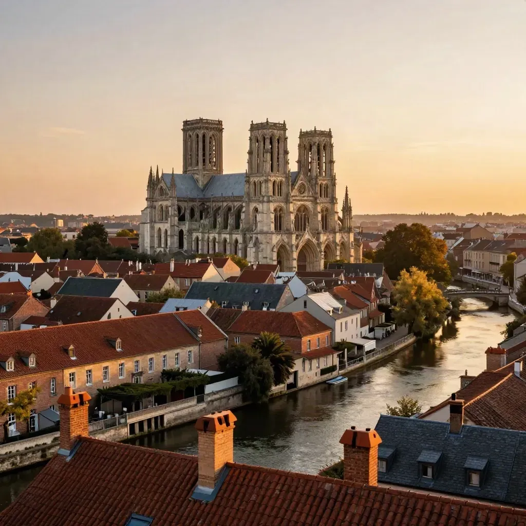 Cathédrale d’Amiens au soleil couchant au-dessus des toits et des canaux.