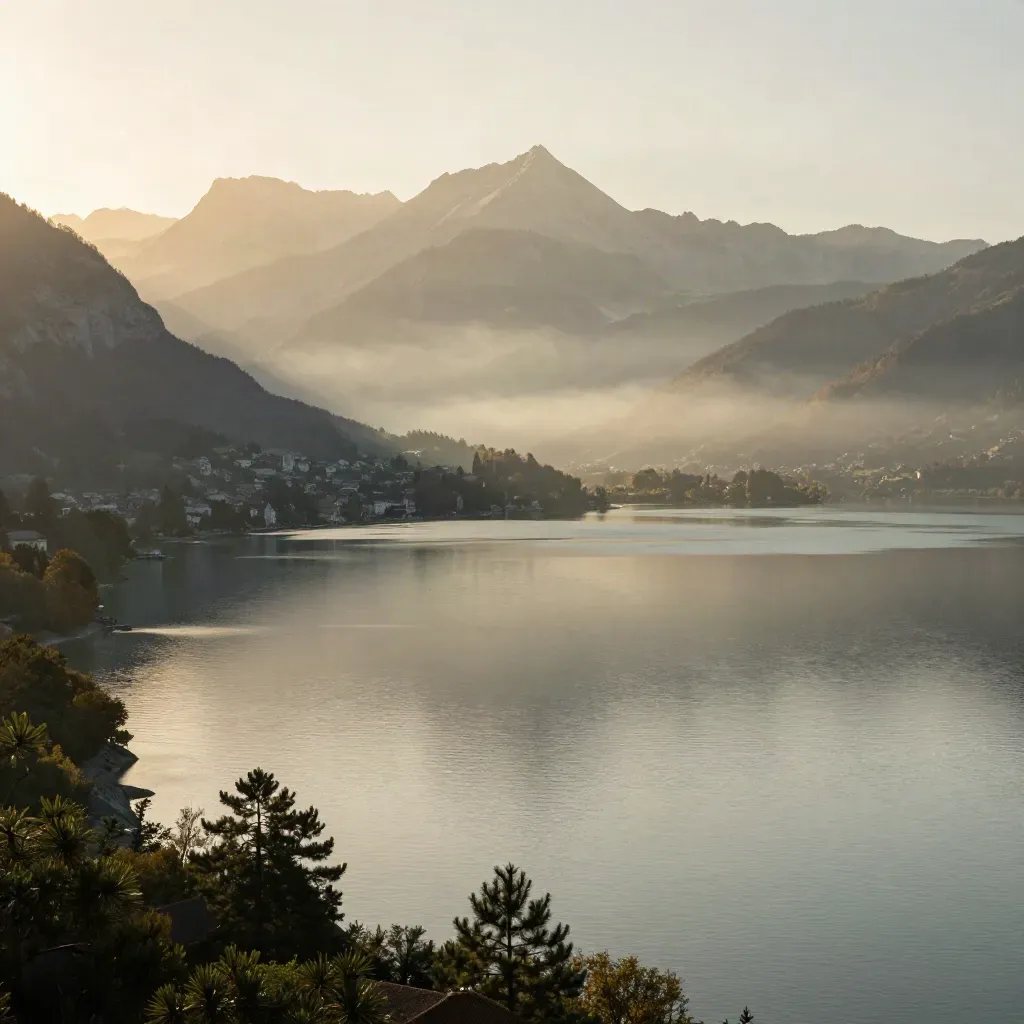 Annecy au bord du lac, montagnes pâles dans la brume et eau lisse au coucher du soleil