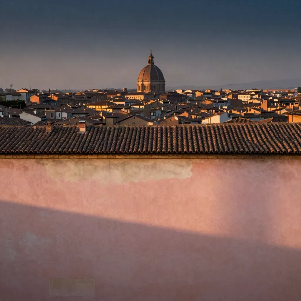 Toulouse au crépuscule, toits de terre cuite et vaste premier plan en pierre rose calme.